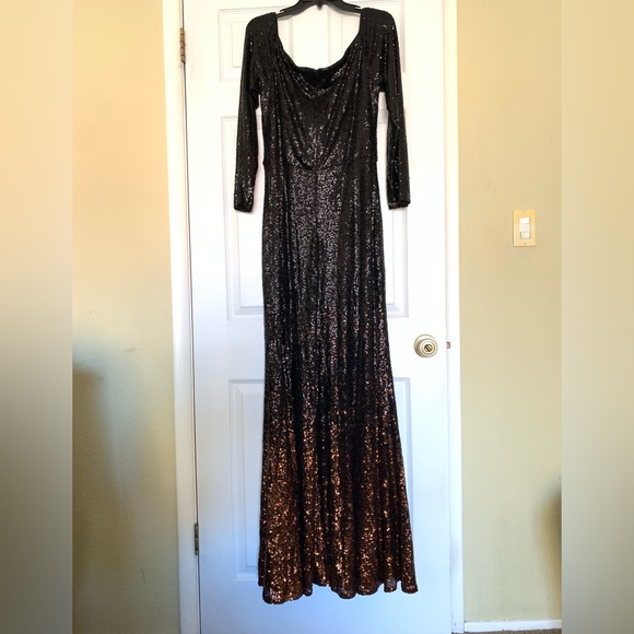 Sequin Holiday Dress Long, Tadashi Shoji Stretch Black & Copper. Long Sleeve - Picture 3 of 14